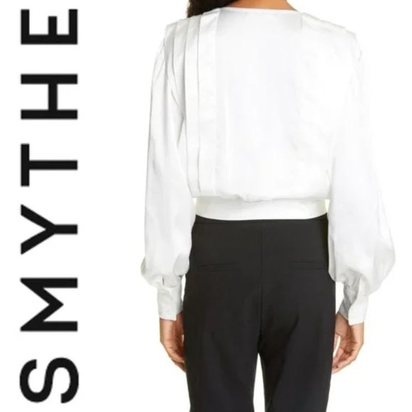 SMYTHE Pleated Wrap Front Long Sleeve Blouse, Size Medium - Ivory - Picture 5 of 6
